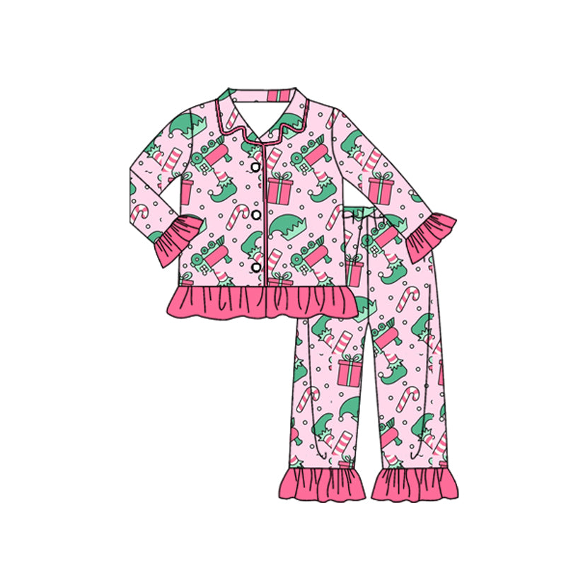 ( Moq 5 ) Preorder Girls Kids Long Sleeves Christmas Buttons Shirt Pants Pajamas Pink Set
