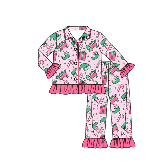 ( Moq 5 ) Preorder Girls Kids Long Sleeves Christmas Buttons Shirt Pants Pajamas Pink Set