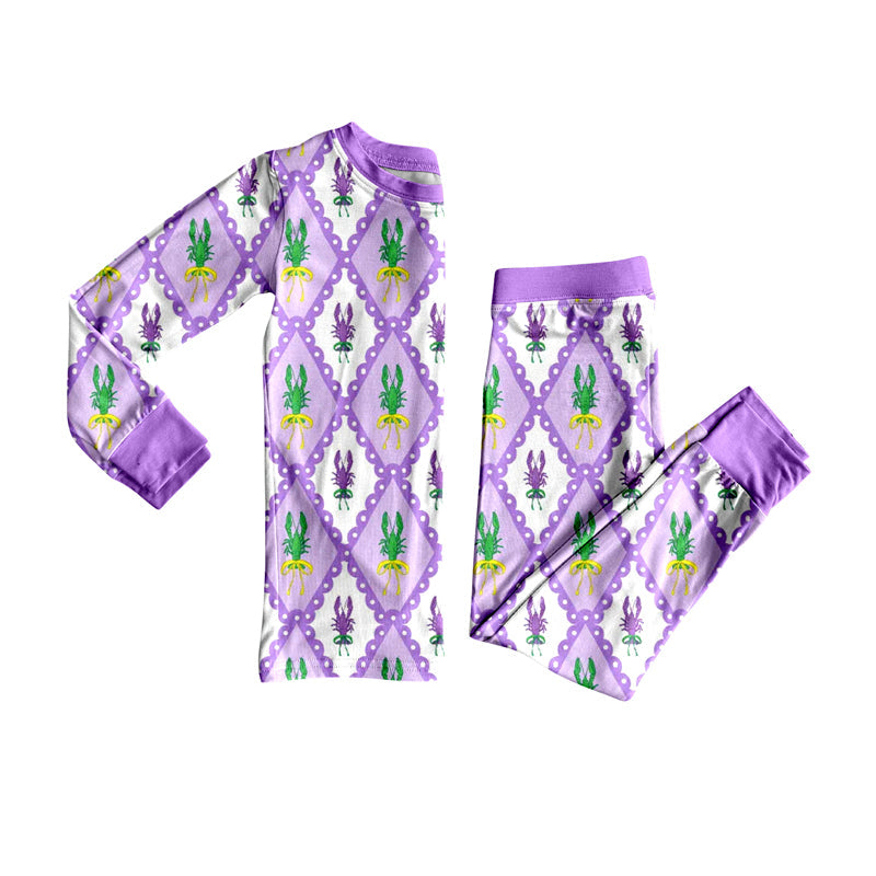 ( Moq 5 ) Preorder Girls Kids Long Sleeves Mardi Gras Crayfish Shirt Pants Purple Pajamas Set