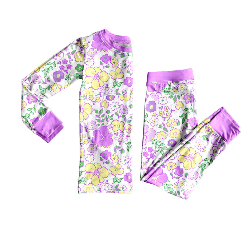 ( Moq 5 ) Preorder Girls Kids Long Sleeves Flower Shirt Pants Purple Pajamas Clothes Set