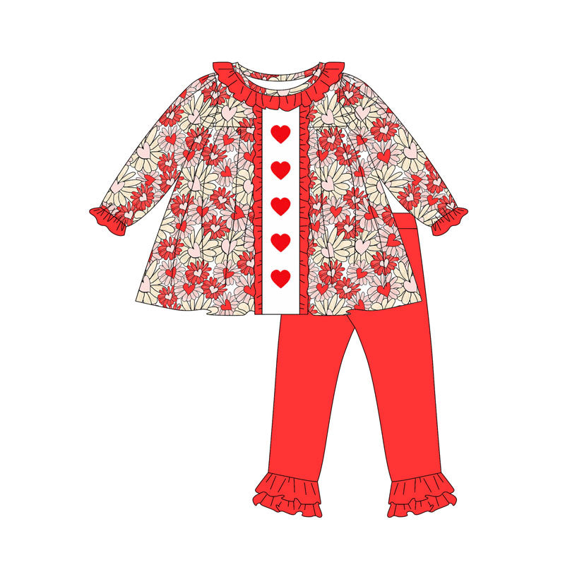 ( Moq 5 ) Preorder Girls Kids Long Sleeves Hearts Flower Tunic Red Pants Valentine's Day Set