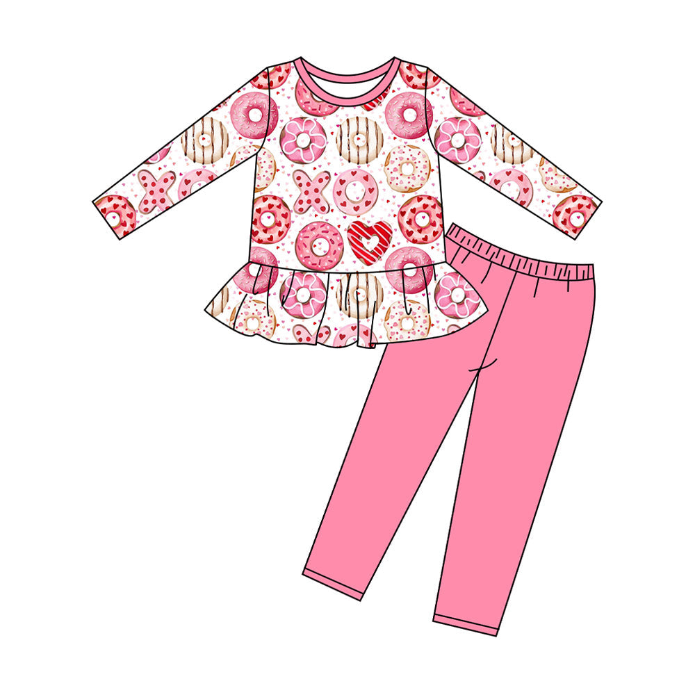 ( Moq 5 ) Preorder Girls Kids Long Sleeves Donuts Tops Pink Pants Valentine's Day Set