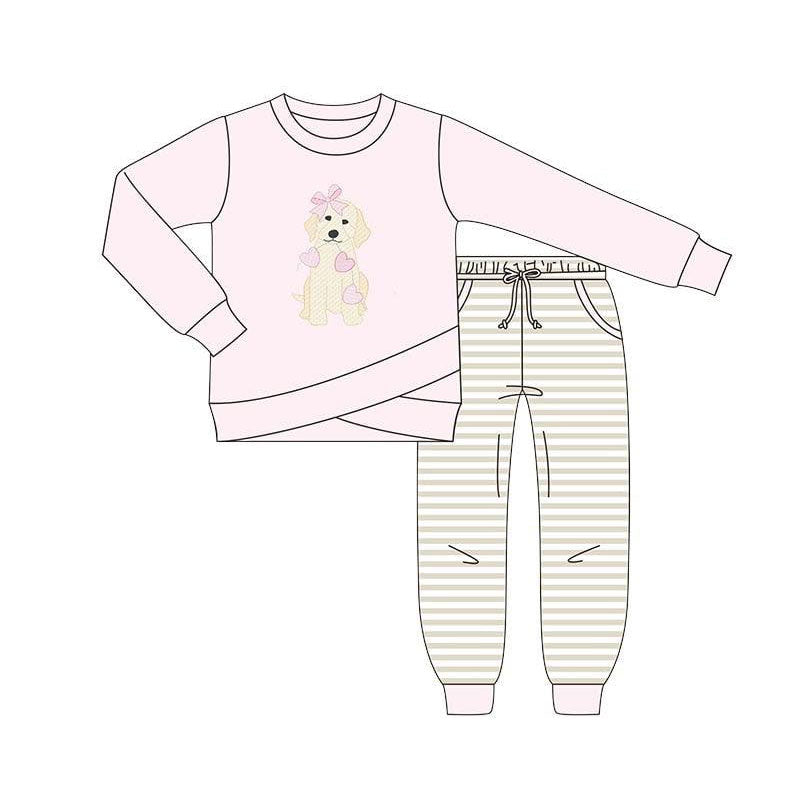 ( Moq 5 ) Preorder Girls Kids Dog Hearts Bows Pink Shirt Pockets Stripes Pants Valentine's Day Clothes Set