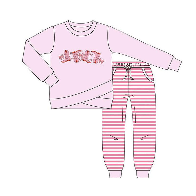 ( Moq 5 ) Preorder Girls Kids Boots Hearts Bows Pink Shirt Pockets Stripes Pants Valentine's Day Clothes Set
