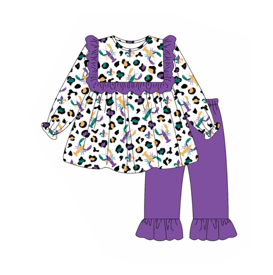 ( Moq 5 ) Preorder Girls Kids Crayfish Leopard Ruffle Tunic Purple Pants Mardi Gras Set
