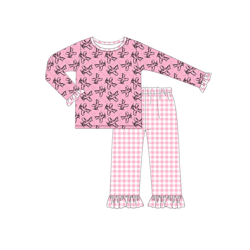 ( Moq 5 ) Preorder Girls Kids Long Sleeves Planes Shirt Plaid Pants Pink Clothes Set