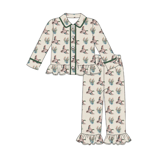 ( Moq 5 ) Preorder Girls Kids Long Sleeves Ducks Buttons Shirt Pants Pajamas Clothes Set