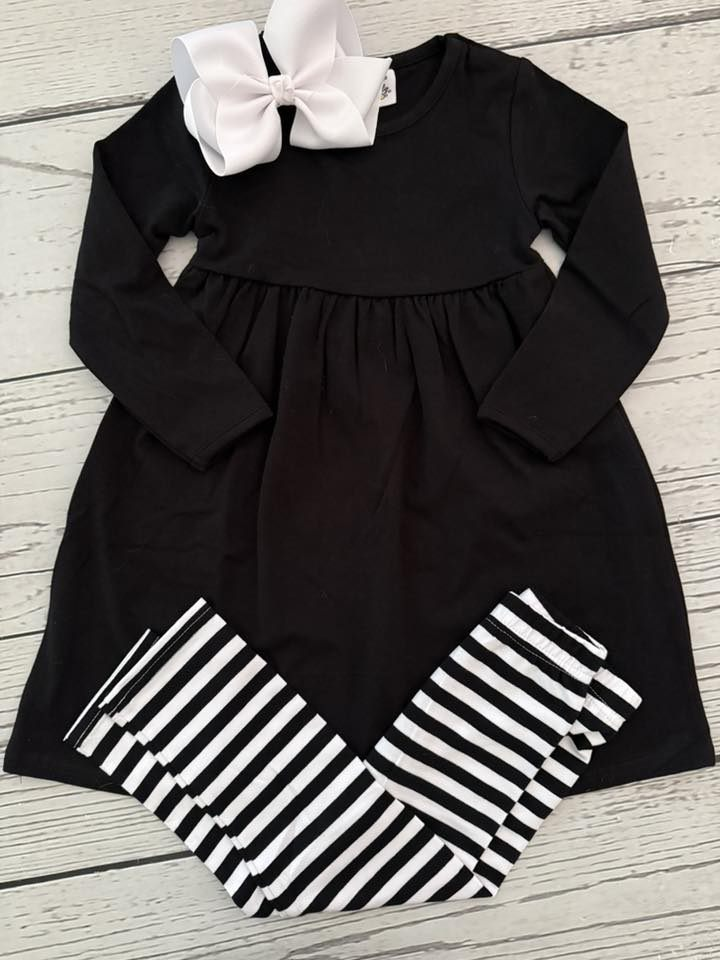( Moq 5 ) Baby Girls Kids Black Long Sleeves Tunic Stripes Pants Clothes Set