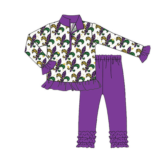 ( Moq 5 ）Preorder Girls Kids Long Sleeves Zipper Pullover Shirt Purple Pants Mardi Gras Set