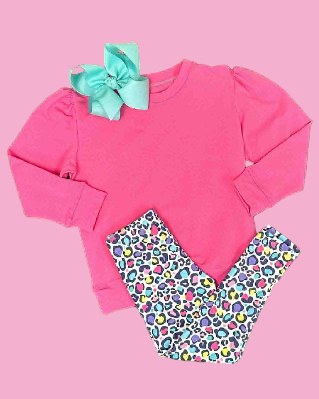 ( Moq 5 ) Preorder Baby Girls Kids Long Sleeves Pink Shirt Leopard Pants Set