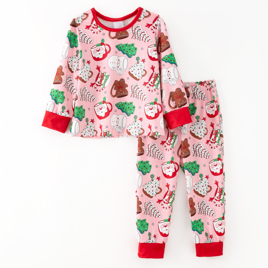 ( Moq 5 ) Preorder Baby Girls Kids Santa Cake Trees Shirt Pants Christmas Pajamas Pink Set