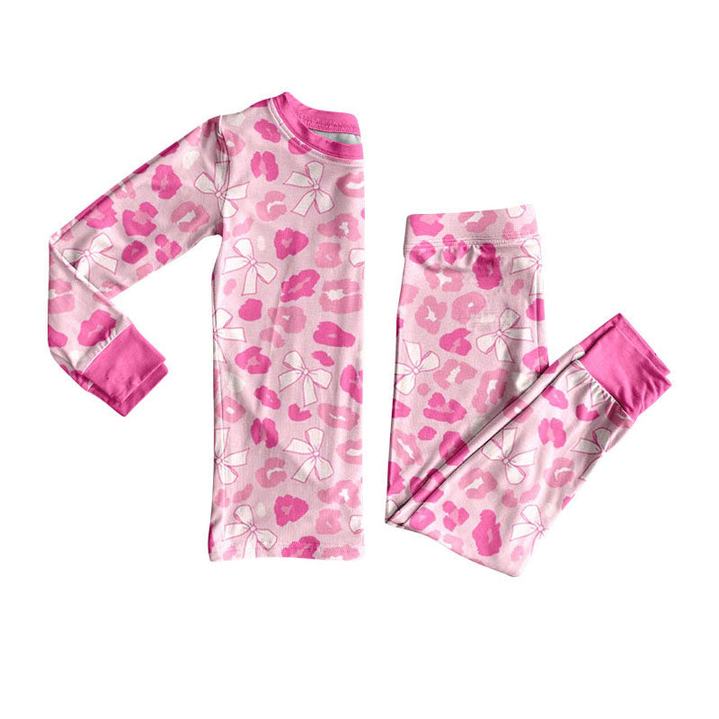 ( Moq 5 ) Preorder Baby Girls Kids Long Sleeves Leopard Bows Shirt Pants Valentine's Pajamas Set