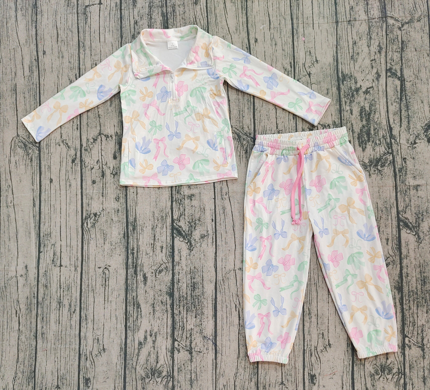 ( No moq ) Preorder Girls Kids Bows Zipper Pockets Shirt Joggers Pants Clothes Set