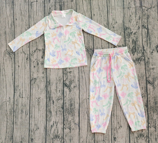 ( No moq ) Preorder Girls Kids Bows Zipper Pockets Shirt Joggers Pants Clothes Set