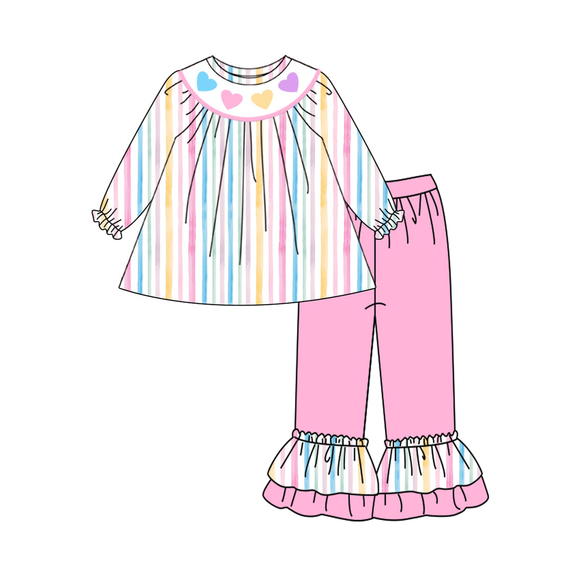 ( Moq 5 ) Preorder Baby Girl Hearts Stripes Tunic Pink Ruffle Pants Valentine's Day Set