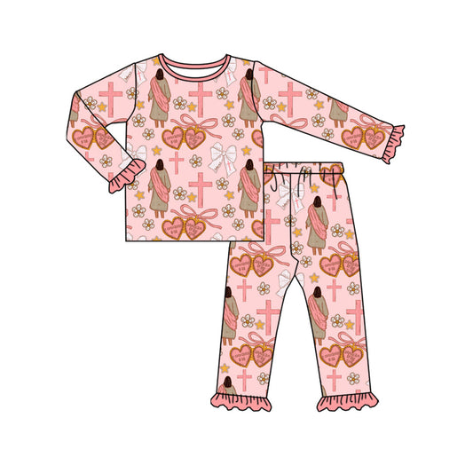 ( Moq 5 ) Preorder Girls Kids Long Sleeves Nativity Crosses Bows Flower Shirt Pants Christmas Pajamas Set
