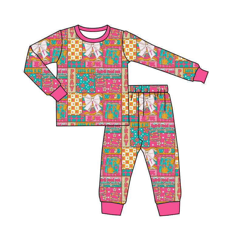 ( Moq 5 ) Preorder Girls Kids Long Sleeves Bows Flower Shirt Pants Christmas Pajamas Set