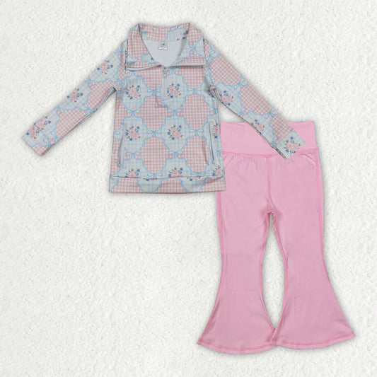 Baby Girls Long Sleeves Flower Plaid Bows Zipper Pockets Tops Pink Pants Yoga Active Clothes Set RTS