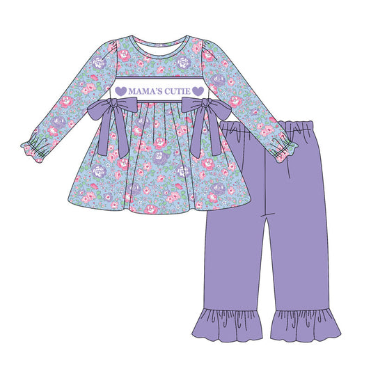 ( Moq 5 ) Preorder Girls Kids Mama's Cutie Hearts Flower Bows Tunic Purple Pants Set