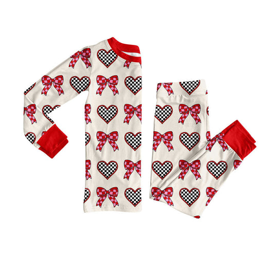 ( Moq 5 ) Preorder Girls Kids Plaid Heart Bows Shirt Pants Valentine's Day Pajamas Set