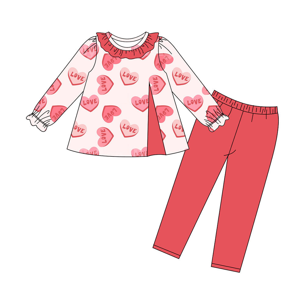 ( Moq 5 ) Preorder Girls Kids Hearts Ruffle Tunic Red Pants Valentine's Day Clothes Set