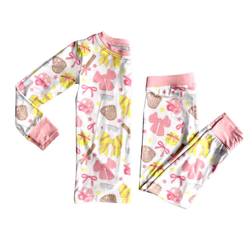 ( Moq 5 ) Preorder Girls Kids Long Sleeves Softball Bows Shirt Pants Pajamas Set