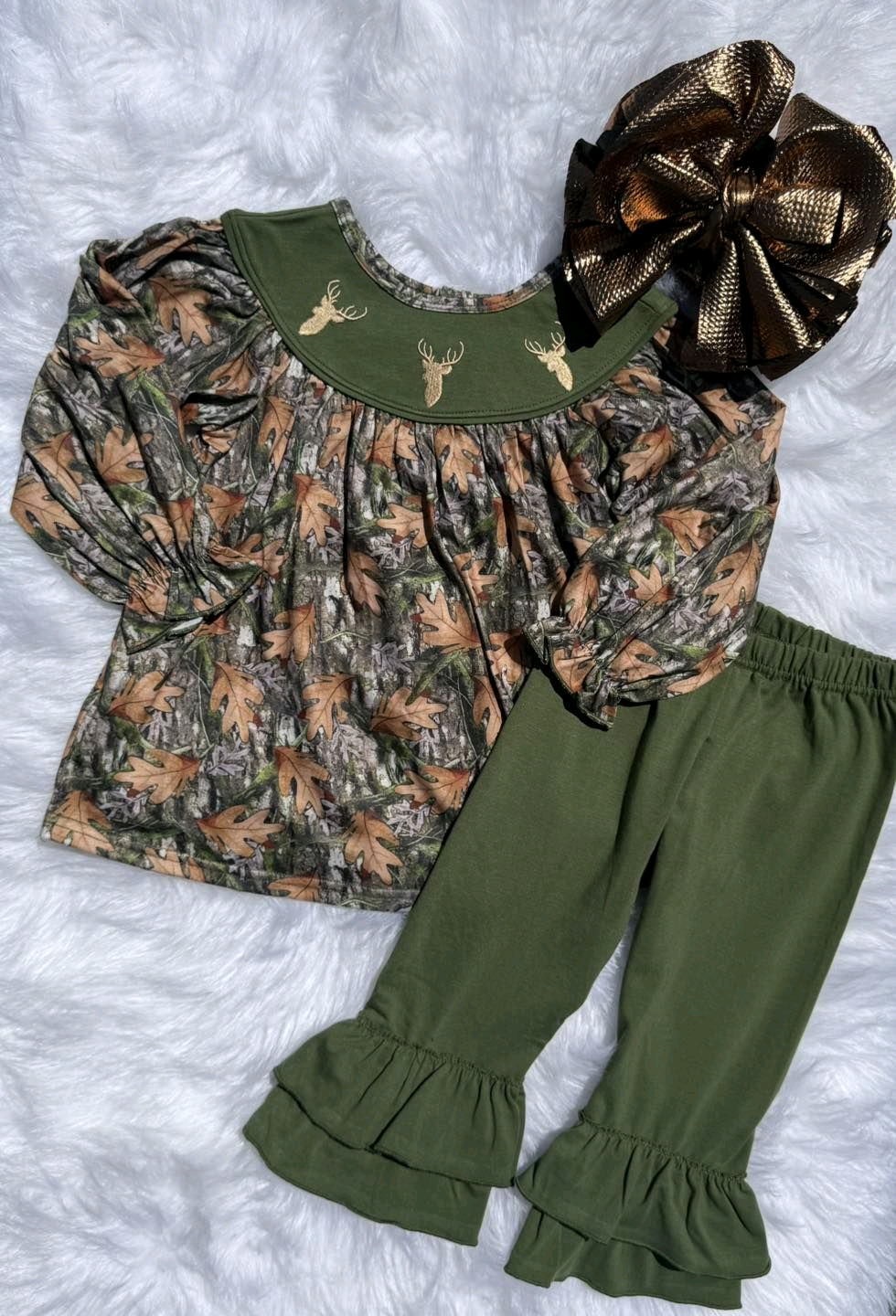 ( Moq 5 ) Preorder Girls Kids Long Sleeves Deer Camo Tunic Green Pants Set