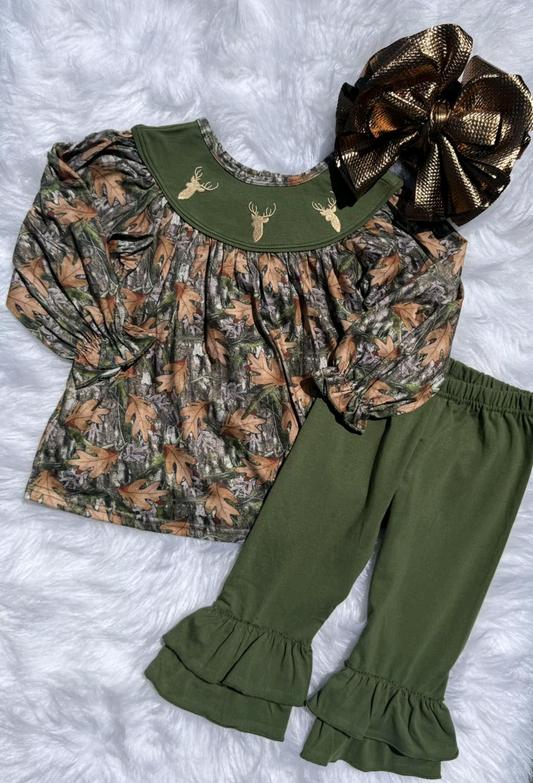 ( Moq 5 ) Preorder Girls Kids Long Sleeves Deer Camo Tunic Green Pants Set