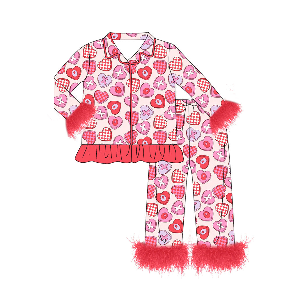 ( Moq 5 ) Preorder Girls Kids Fur Long Sleeves Hearts Buttons Shirt Pants Valentine's Day Pajamas Clothes Set