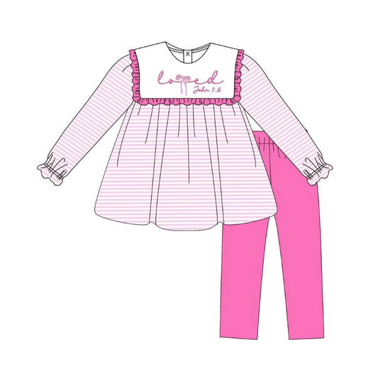 ( Moq 5 ) Preorder Girls Kids Long Sleeves Bows Stripes Tunic Pink Pants Valentine's Day Set