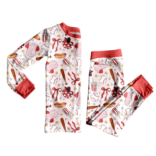 ( Moq 5 ) Preorder Girls Kids Long Sleeves Baseball Bows Shirt Pants Pajamas Clothes Set