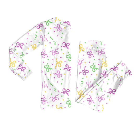 ( Moq 5 ) Preorder Girls Kids Long Sleeves Dots Bows Shirt Pants Mardi Gras Pajamas Set