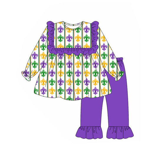 ( Moq 5 ) Preorder Girls Kids Long Sleeves Anchors Tunic Purple Pants Mardi Gras Clothes Set