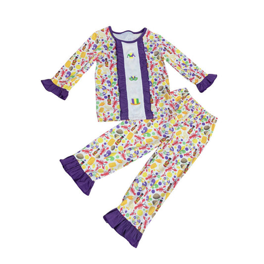 ( Moq 5 ) Preorder Girls Kids Long Sleeves Crayfish Anchors Shirt Pants Mardi Gras Clothes Set