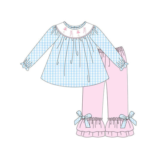 ( Moq 5 ) Preorder Girls Kids Long Sleeves Dance Plaid Tunic Bows Pants Clothes Set