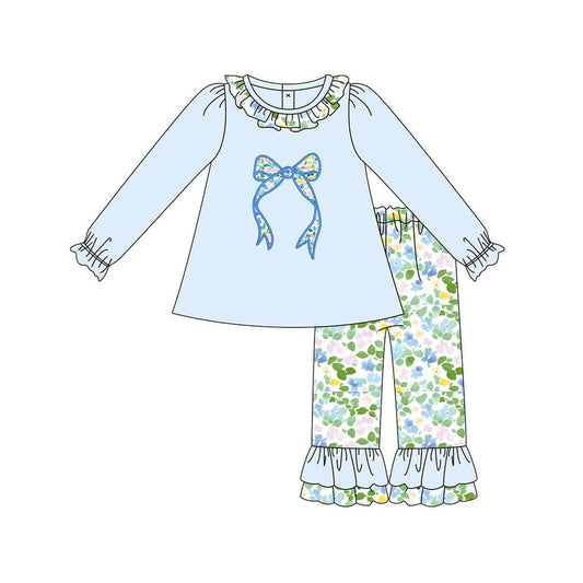 ( Moq 5 ) Preorder Girls Kids Long Sleeves Bow Ruffle Blue Tops Flower Pants Clothes Set