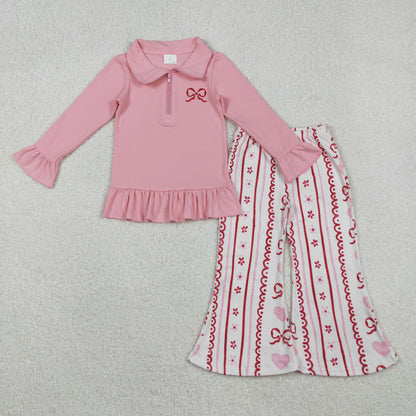 Sibling Baby Girls Embroidery Zipper Shirt Hearts Bows Pants Valentine's Day Clothes Sets RTS