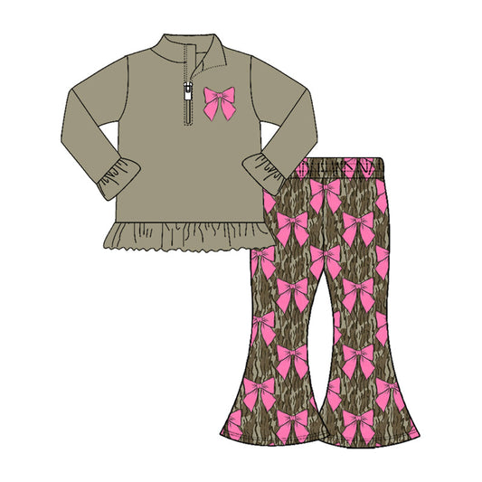 ( Moq 5 ) Preorder Girls Kids Long Sleeves Zipper Shirt Bows Camo Pants Clothes Set