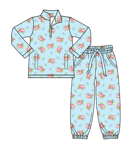 ( Moq 5 ) Preorder Girls Kids Flower Zipper Pockets Blue Tops Pants Yoga Clothes Set