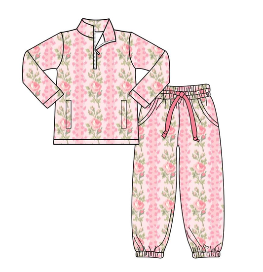 ( Moq 5 ) Preorder Girls Kids Pink Flower Zipper Pockets Tops Pants Yoga Clothes Set