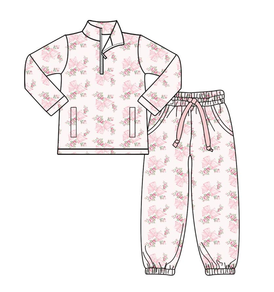 ( Moq 5 ) Preorder Girls Kids Pink Bows Flower Zipper Pockets Tops Pants Yoga Clothes Set