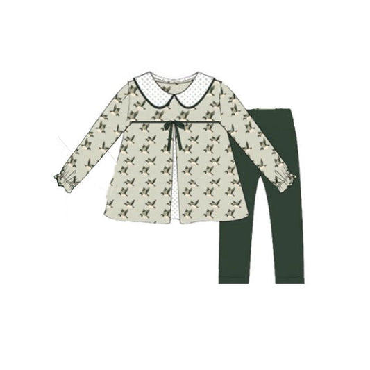 ( Moq 5 ) Preorder Girls Kids Long Sleeves Ducks Bow Tunic Green Pants Clothes Set
