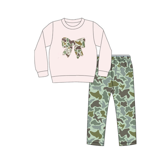 ( Moq 5 ) Preorder Girls Kids Long Sleeves Bow Shirt Green Camo Pants Clothes Set
