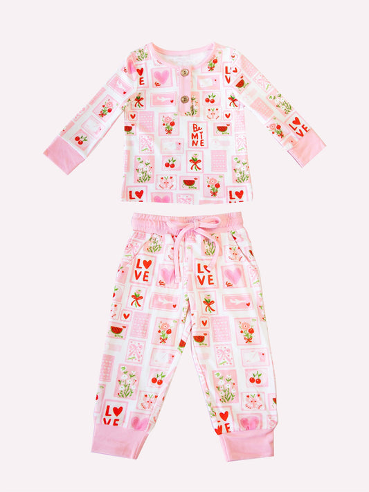 ( Moq 5 ) Preorder Girl Kids Flower Hearts Shirt Pants Valentine's Day Pink Pajamas Clothes Set