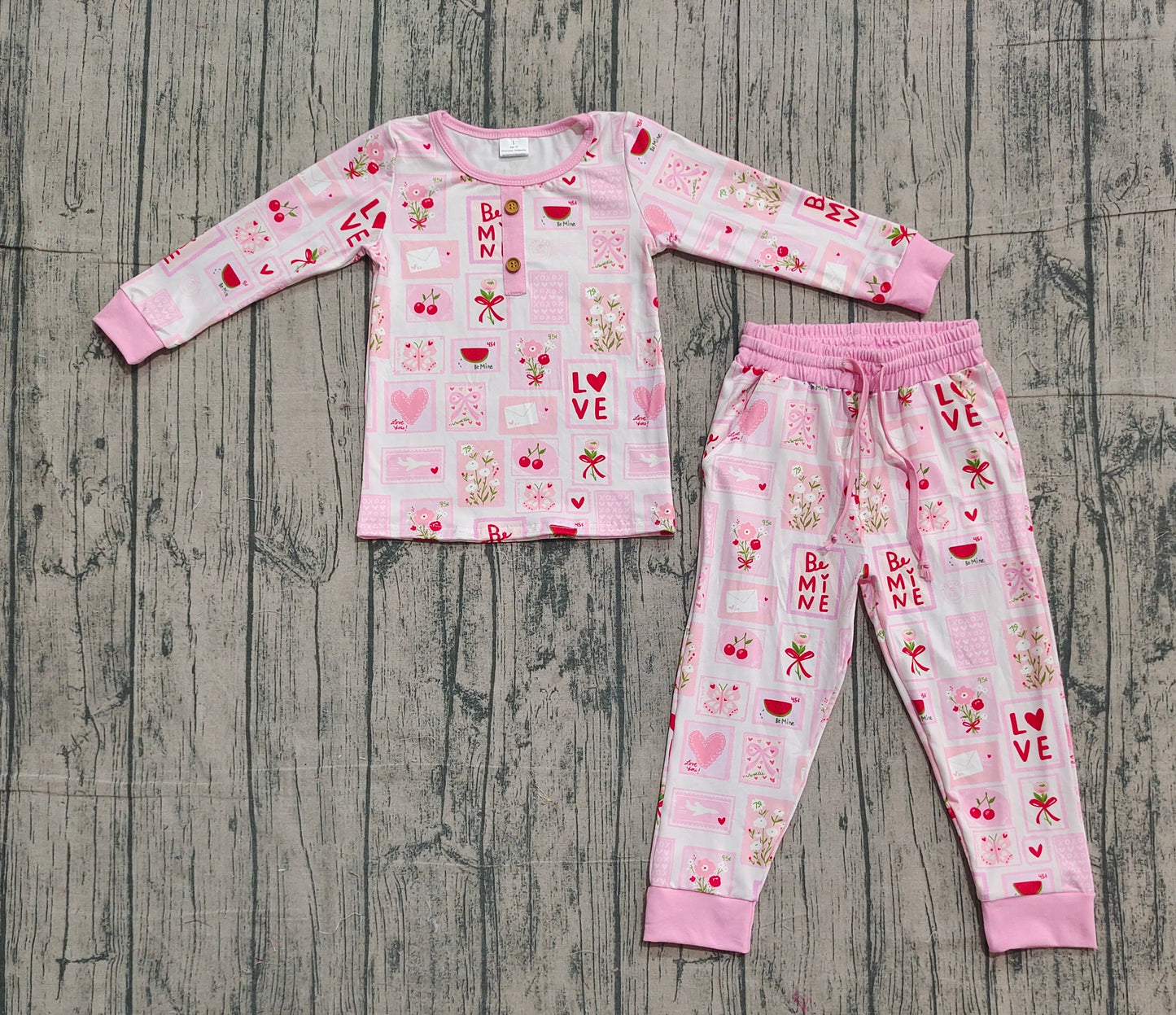 Baby Girl Kids Long Sleeves Flower Hearts Shirt Pockets Pants Valentine's Day Pink Pajamas Set RTS