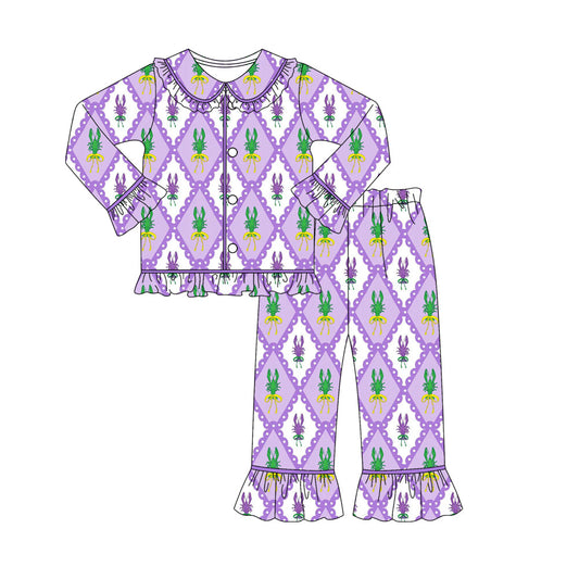 ( Moq 5 ) Preorder Girls Kids Long Sleeves Crawfish Buttons Shirt Pants Mardi Gras Purple Pajamas Set