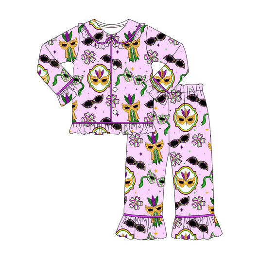 ( Moq 5 ) Preorder Girls Kids Long Sleeves Masks Bows Buttons Shirt Pants Mardi Gras Pajamas Set