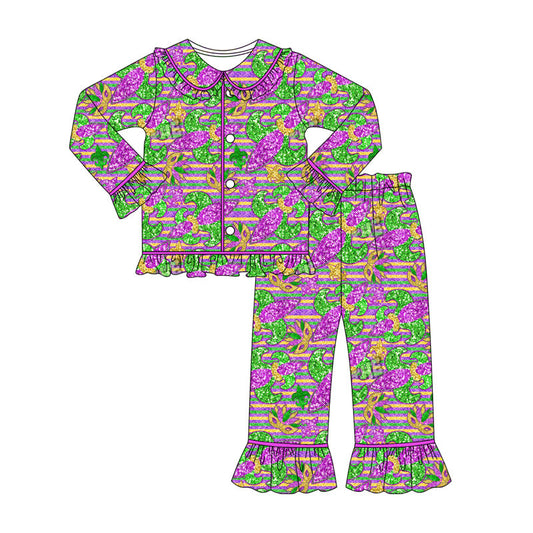 ( Moq 5 ) Preorder Girls Kids Long Sleeves Masks Anchors Buttons Shirt Pants Mardi Gras Pajamas Set
