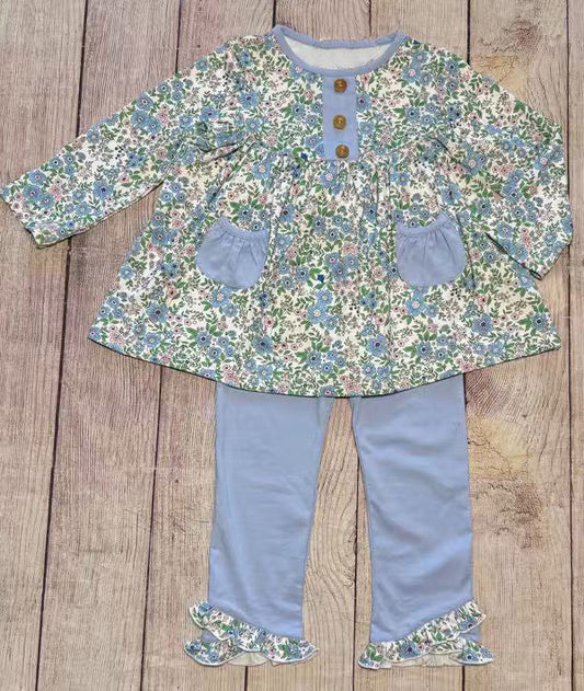 ( Moq 5 ) Preorder Girls Kids Long Sleeves Flower Pockets Tunic Blue Pants Clothes Set