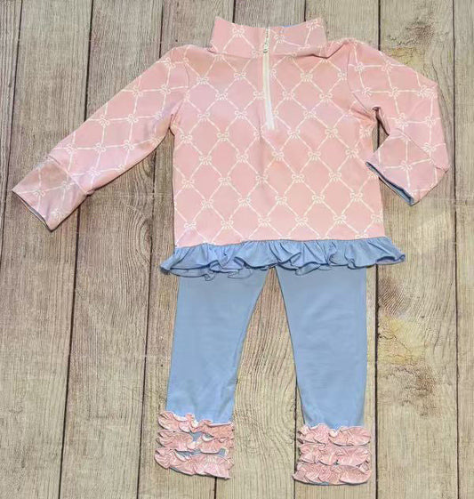 ( Moq 5 ) Preorder Baby Girls Long Sleeves Bows Zipper Ruffle Shirt Blue Pants Set